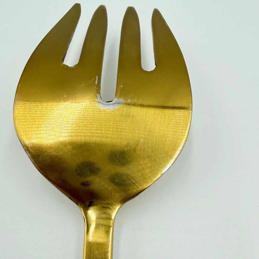 Gold Hammered Serving Spoon and Fork Set 13 Inch Large Polished Flatware‎ 2pc